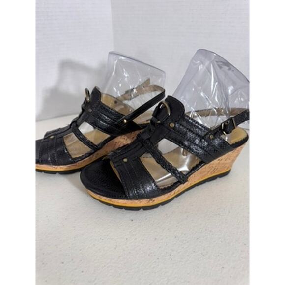 "BUSSOLA" Black Wedge Summer Sandals Strappy Metal Accents Size 7.5 (38) Cork - Picture 1 of 9